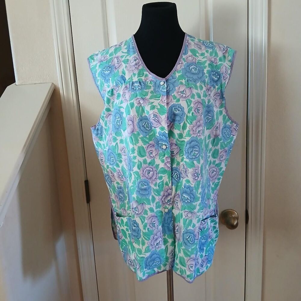 Vintage Artistic Creation Floral Pearly Snap Cobblers Apron Artist Smock L Retro